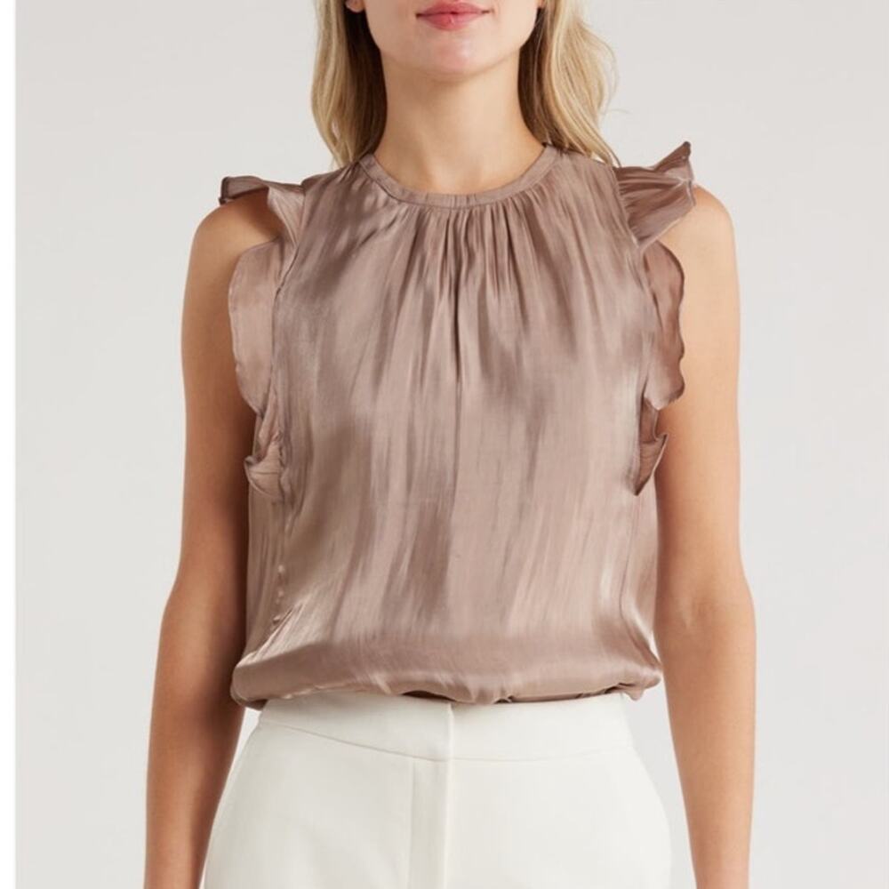 Jason Wu Ruffle Cap Sleeve Top Women’s Large Metallic Shimmer Taupe Flowy Blouse